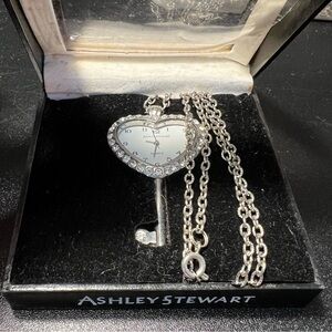 Ashley Stewart Silver Tone Heart Shaped Key  Pendant Watch Necklace NWT